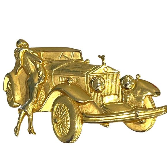 Gold Rolls Royce Brooch Pin 3" Long Designer Signed Parklane JJ Jonette Art Deco - Picture 7 of 7